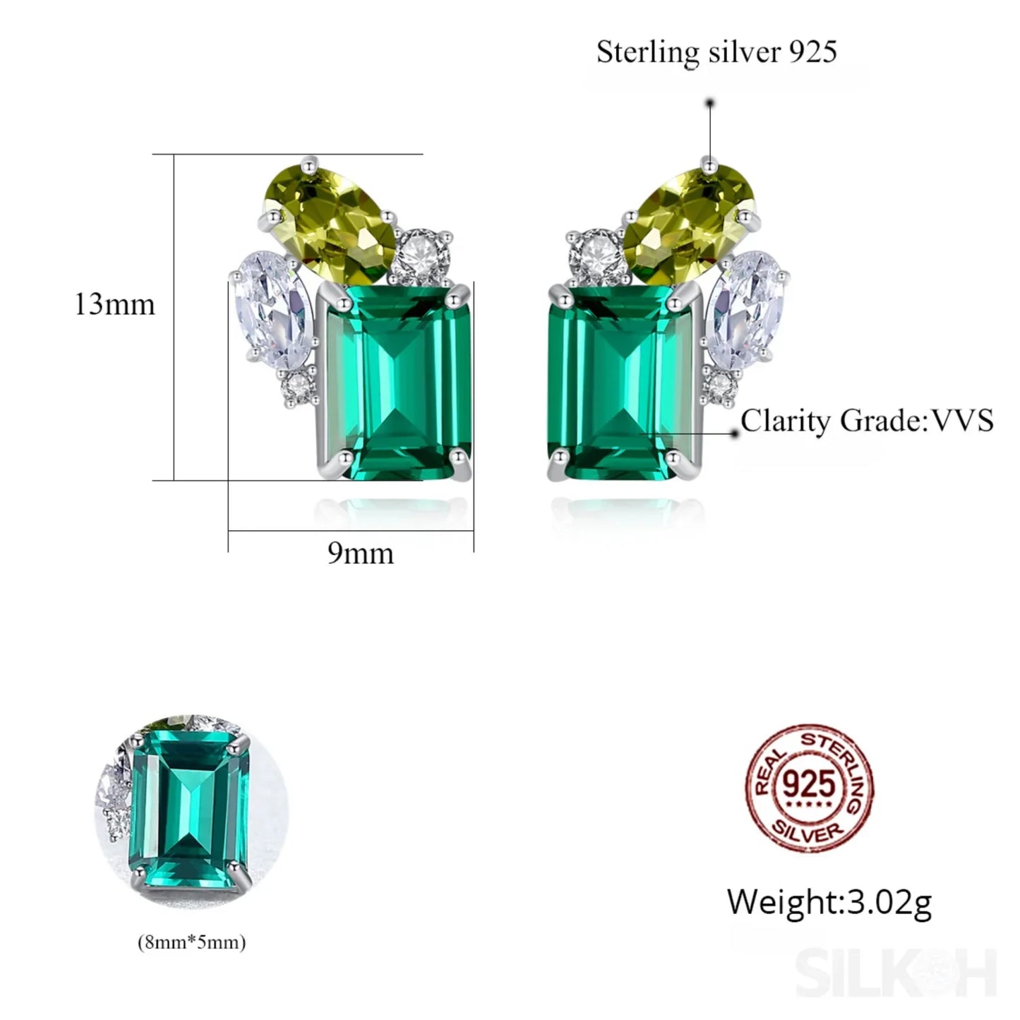 Rectangular Cut Sterling Silver Emerald Studs Earrings Anna - Sassygrove