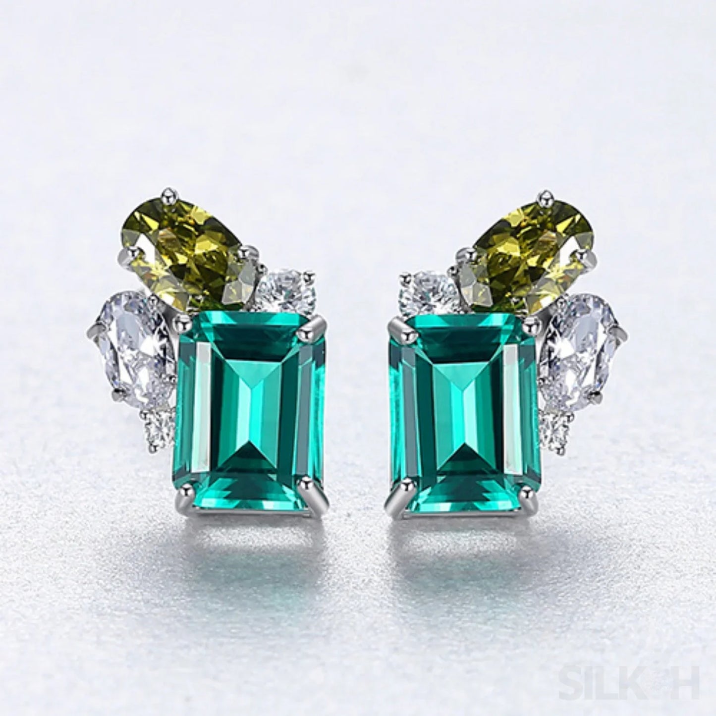 Rectangular Cut Sterling Silver Emerald Studs Earrings Anna - Sassygrove