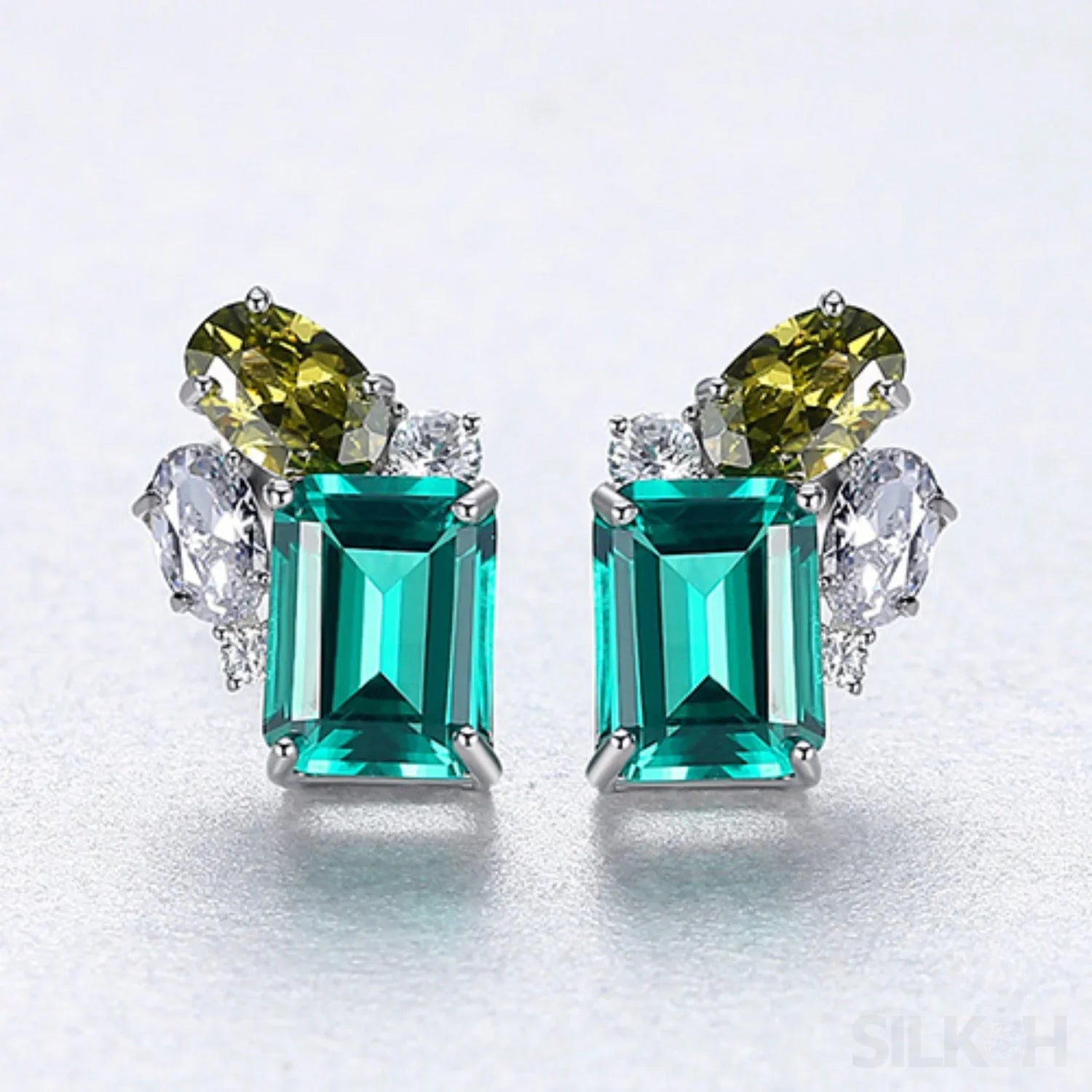 Rectangular Cut Sterling Silver Emerald Studs Earrings Anna - Sassygrove