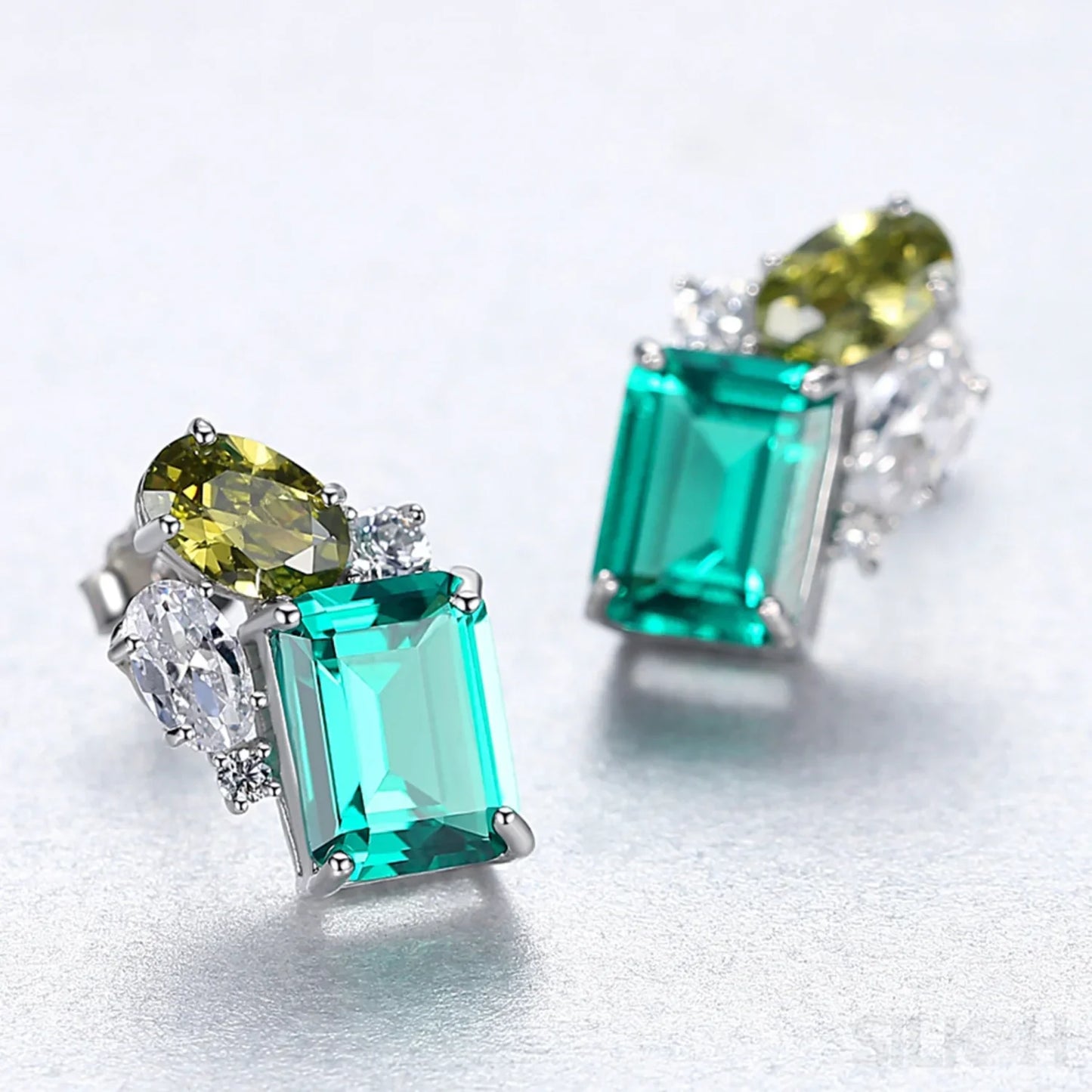 Rectangular Cut Sterling Silver Emerald Studs Earrings Anna - Sassygrove