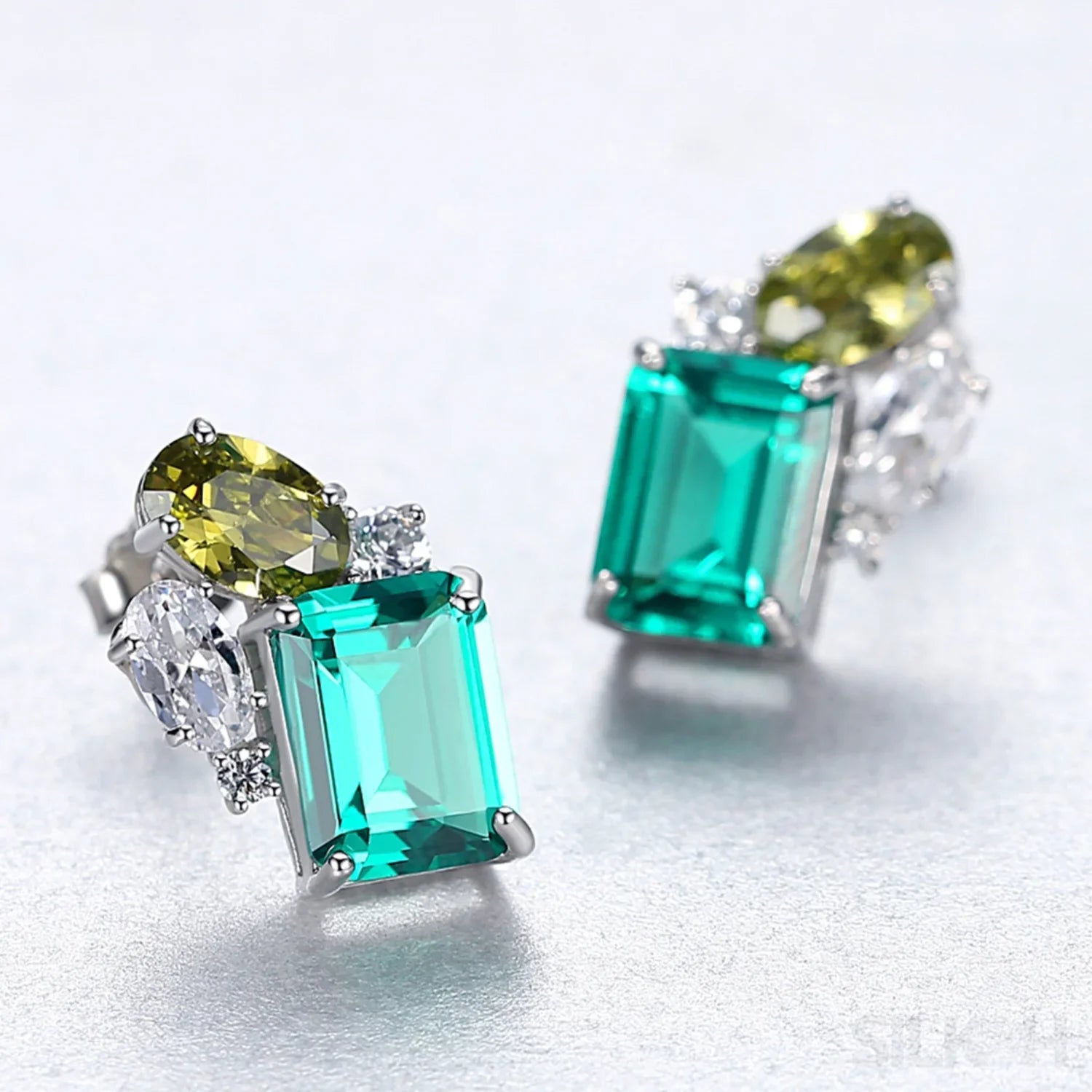 Rectangular Cut Sterling Silver Emerald Studs Earrings Anna - Sassygrove