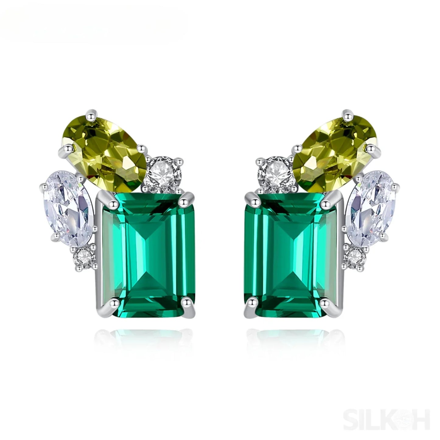 Rectangular Cut Sterling Silver Emerald Studs Earrings Anna - Sassygrove