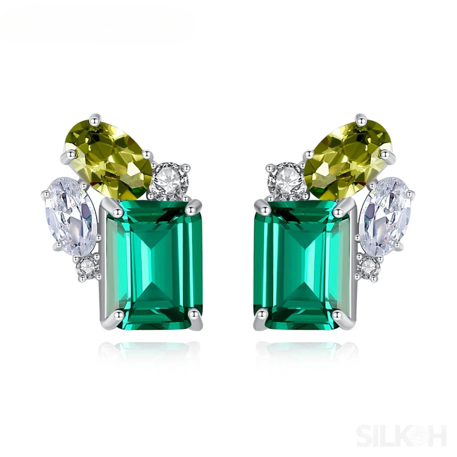 Rectangular Cut Sterling Silver Emerald Studs Earrings Anna - Sassygrove