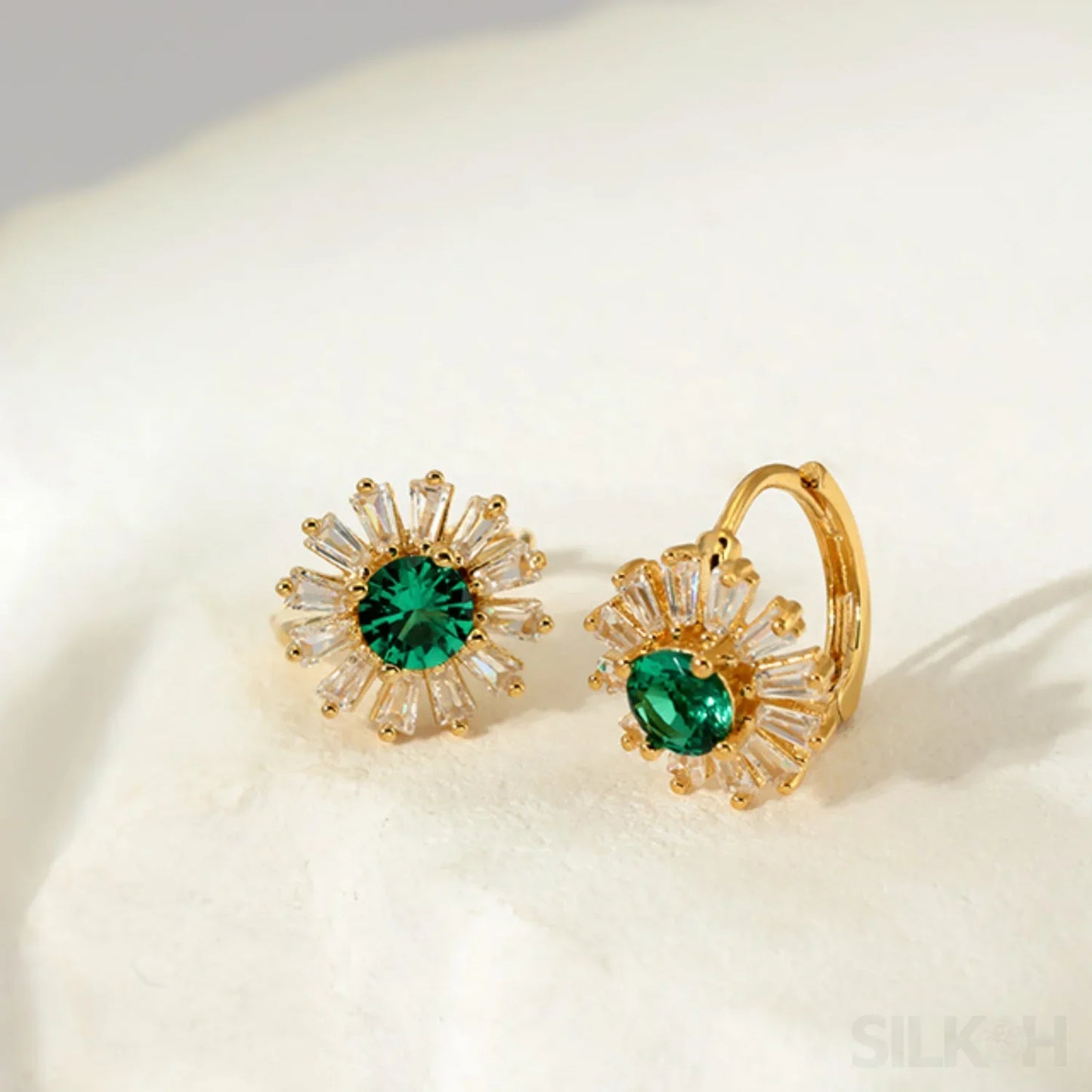 Retro 18K Gold Plated Sterling Silver Hoop Emerald Earrings Liv - Sassygrove