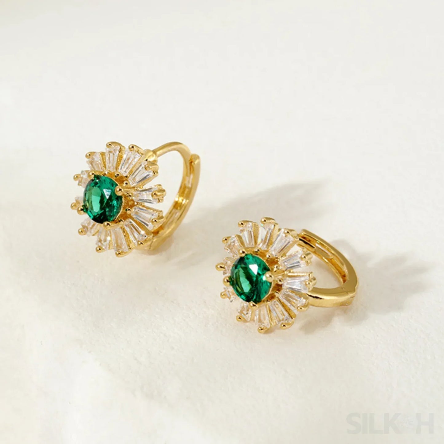 Retro 18K Gold Plated Sterling Silver Hoop Emerald Earrings Liv - Sassygrove