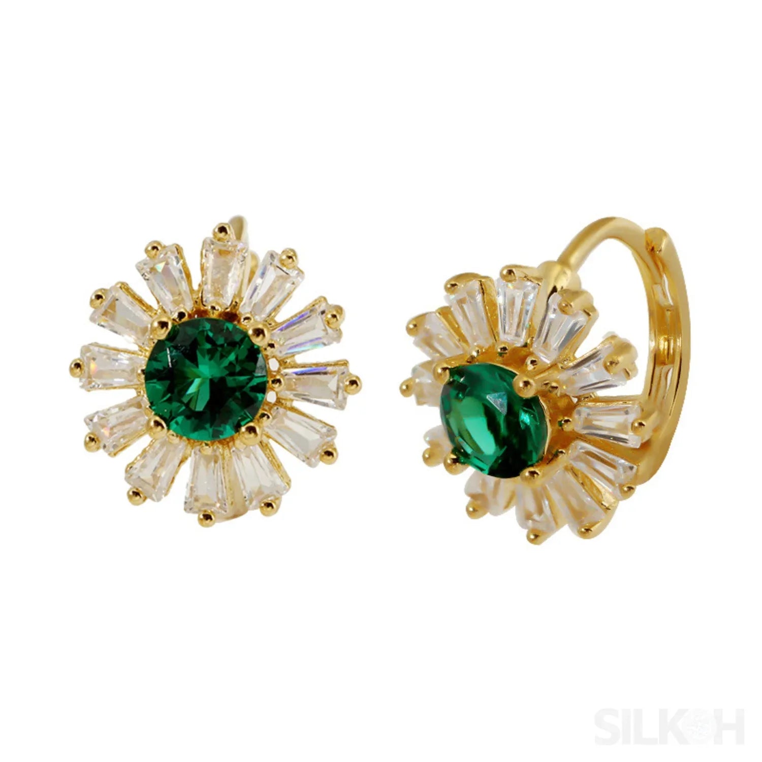 Retro 18K Gold Plated Sterling Silver Hoop Emerald Earrings Liv - Sassygrove