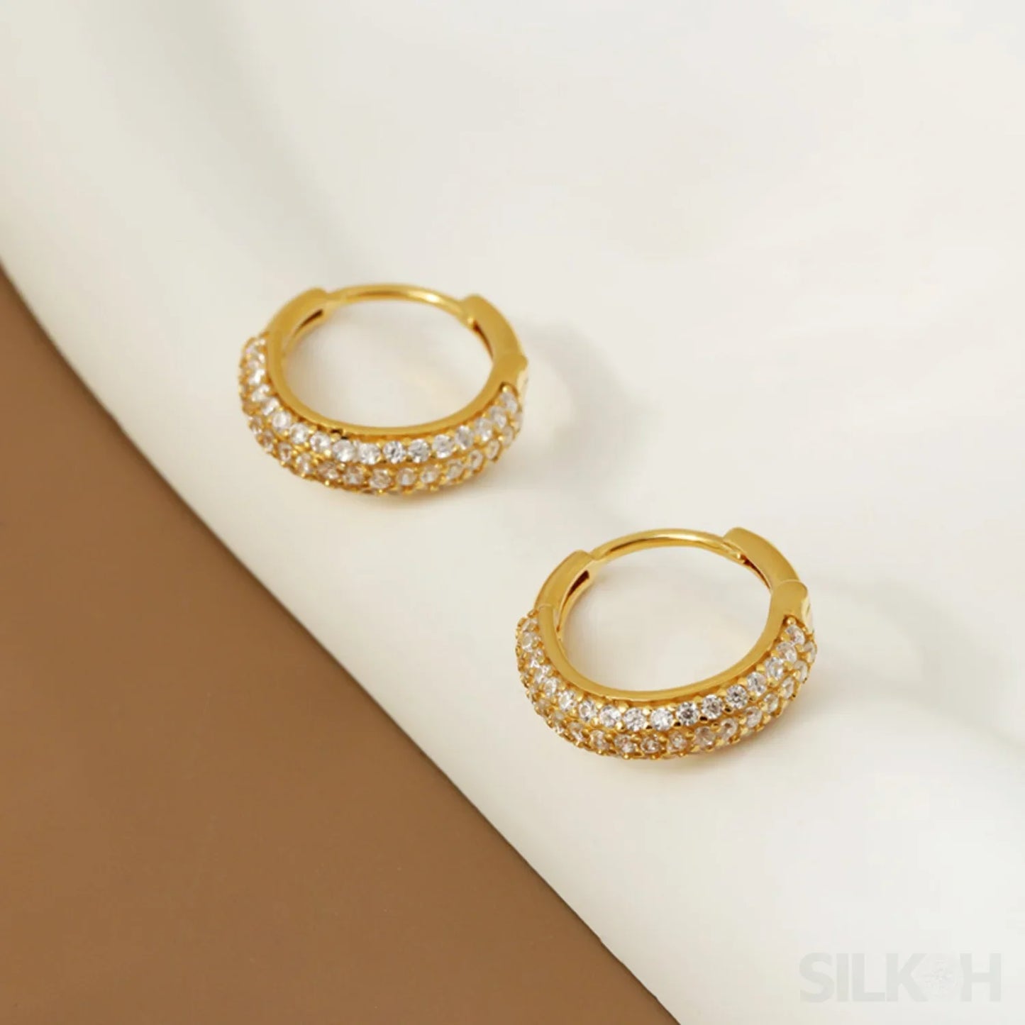 Round 18K Gold Plated Sterling Silver Zircon Inlaid Huggie Earrings Lou - Sassygrove