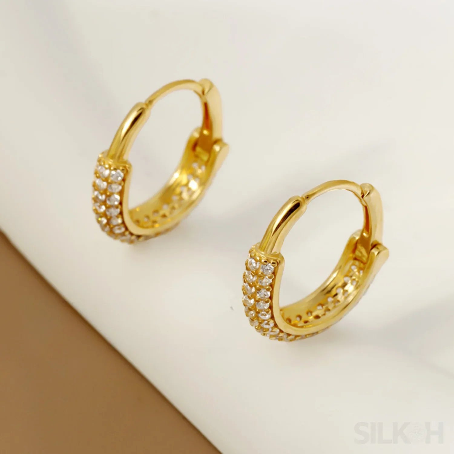 Round 18K Gold Plated Sterling Silver Zircon Inlaid Huggie Earrings Lou - Sassygrove