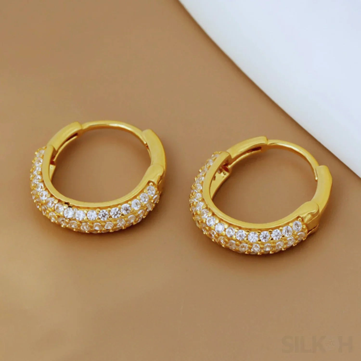 Round 18K Gold Plated Sterling Silver Zircon Inlaid Huggie Earrings Lou - Sassygrove