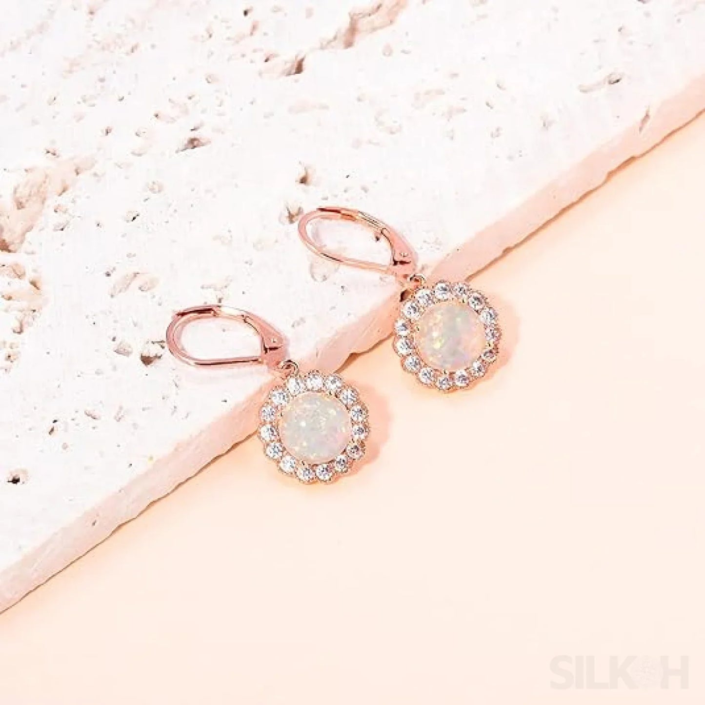 Round Retro Sterling Silver Opal Drop Bridal Earrings Cat - Sassygrove