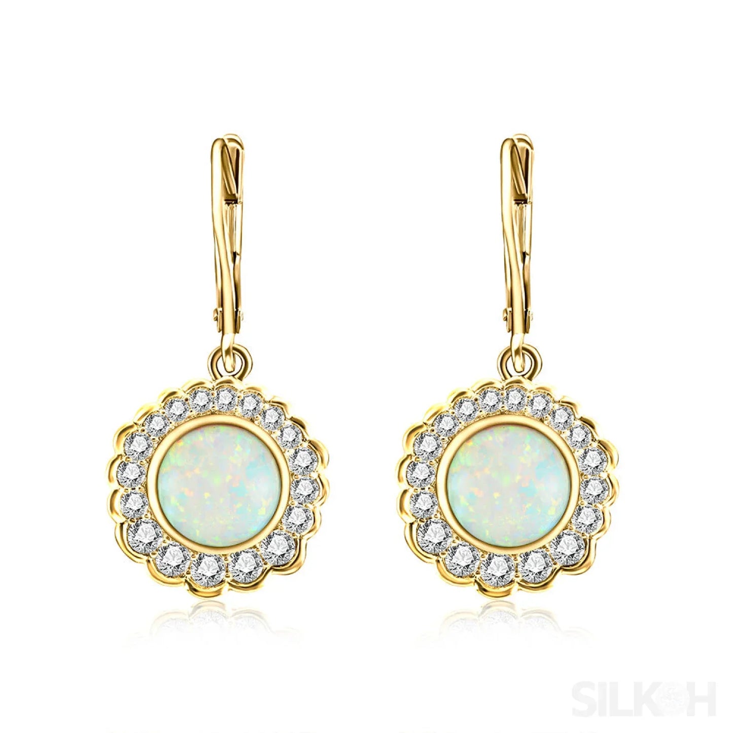 Round Retro Sterling Silver Opal Drop Bridal Earrings Cat - Sassygrove