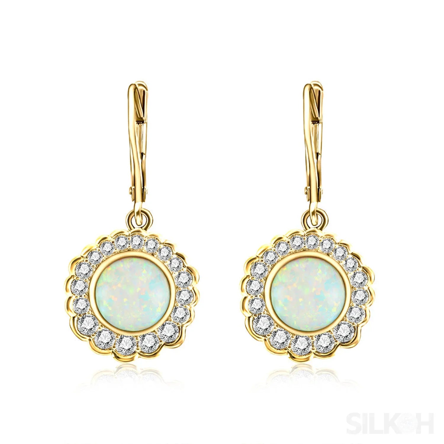 Round Retro Sterling Silver Opal Drop Bridal Earrings Cat - Sassygrove