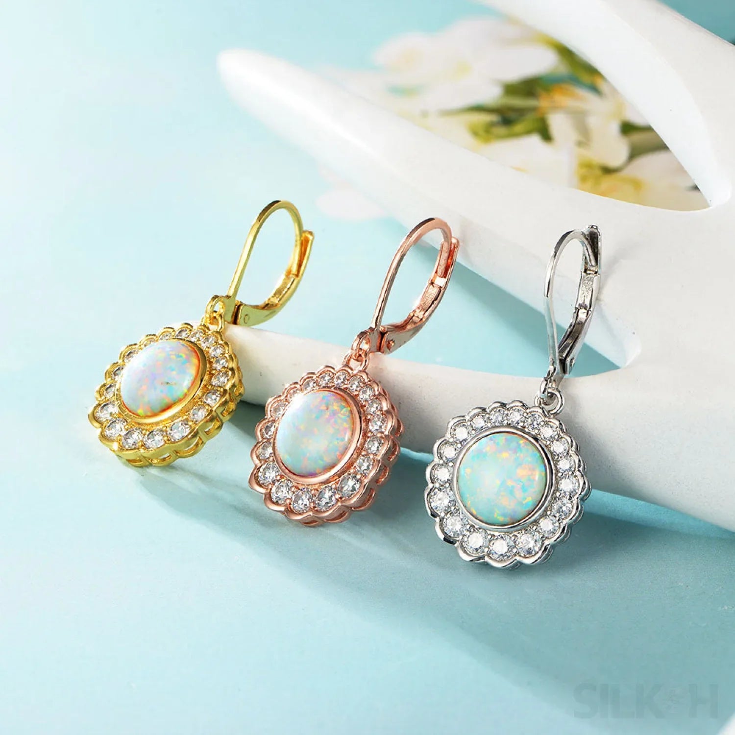 Round Retro Sterling Silver Opal Drop Bridal Earrings Cat - Sassygrove