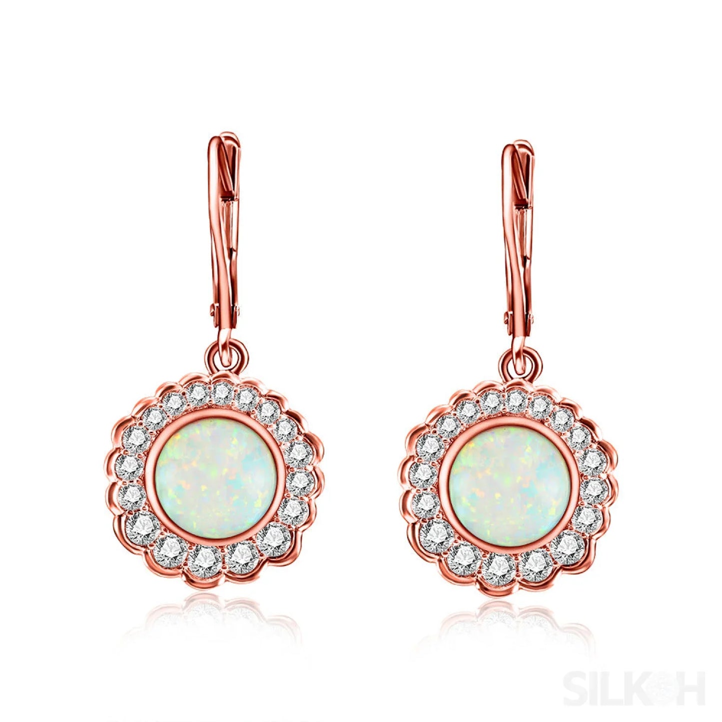 Round Retro Sterling Silver Opal Drop Bridal Earrings Cat - Sassygrove