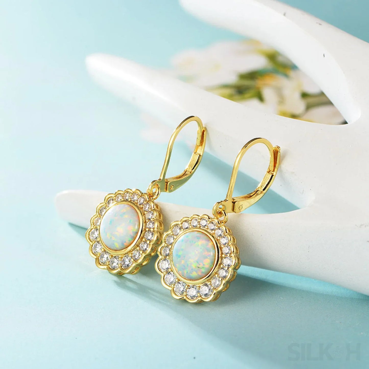 Round Retro Sterling Silver Opal Drop Bridal Earrings Cat - Sassygrove