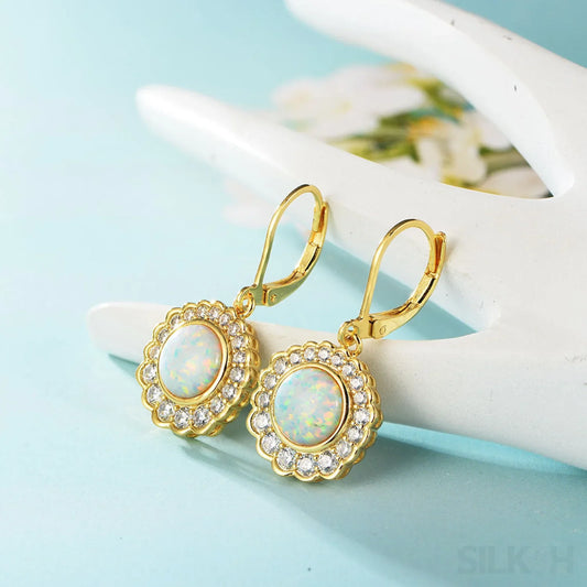Round Retro Sterling Silver Opal Drop Bridal Earrings Cat - Sassygrove