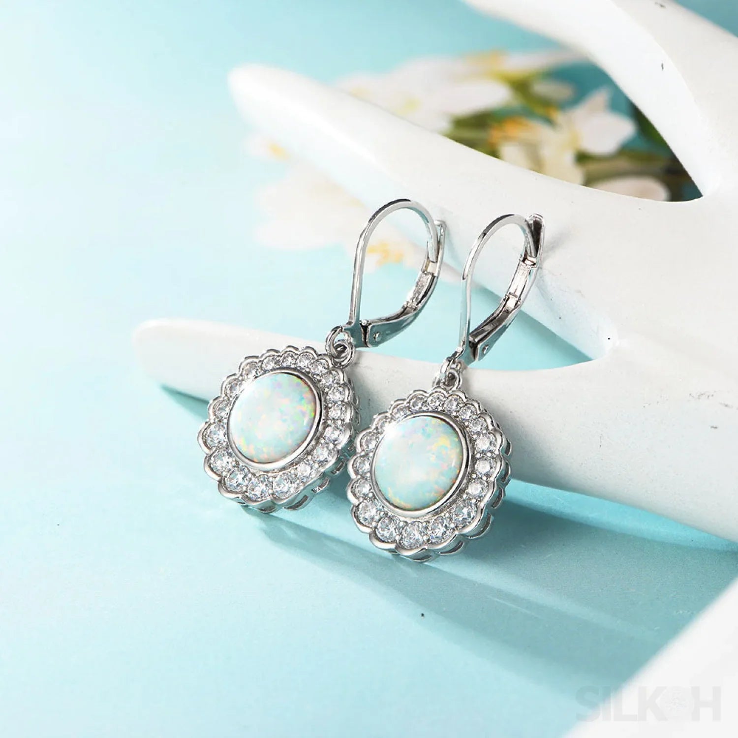Round Retro Sterling Silver Opal Drop Bridal Earrings Cat - Sassygrove