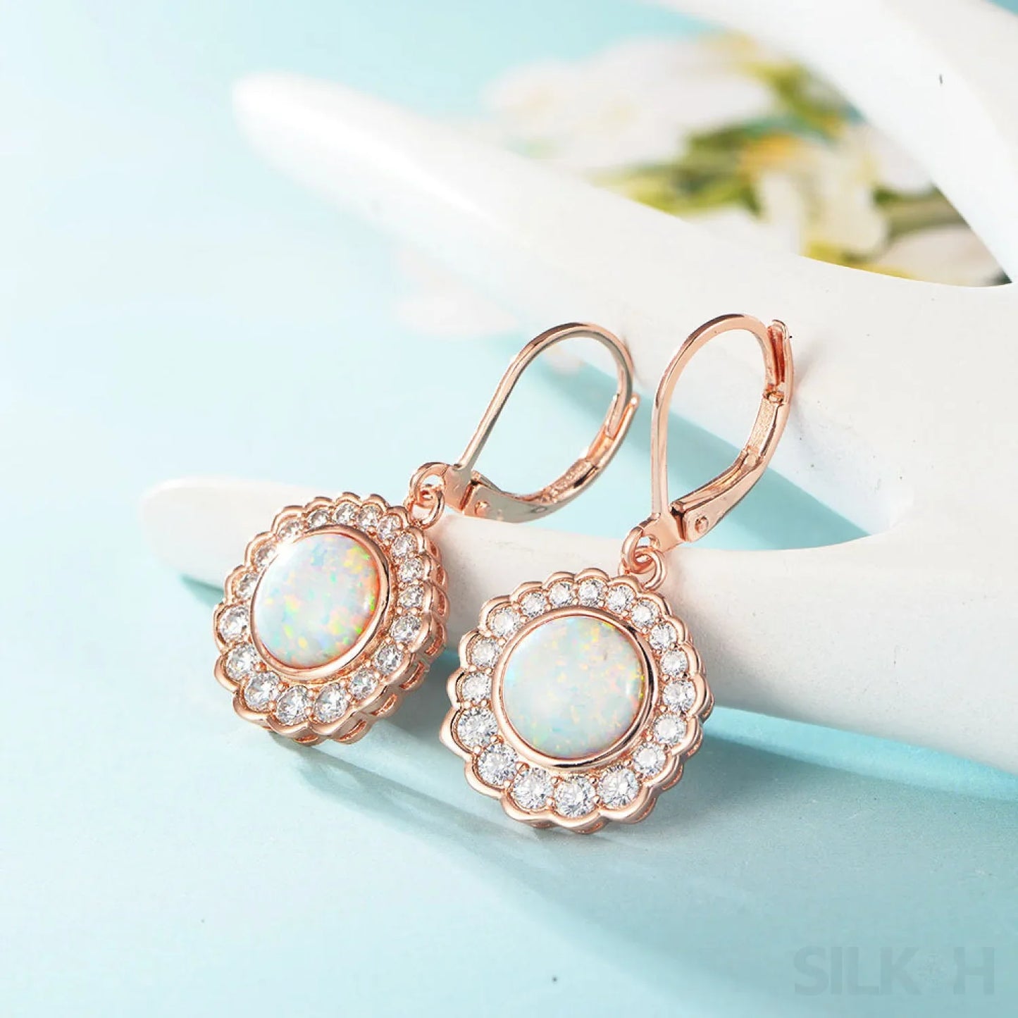 Round Retro Sterling Silver Opal Drop Bridal Earrings Cat - Sassygrove