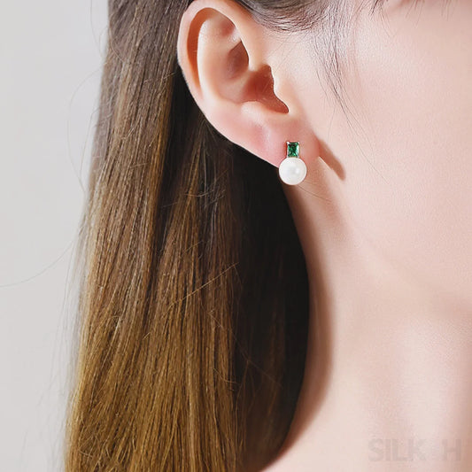 Round Sterling Silver CZ Pearl Stud Earrings Alyssa - Sassygrove