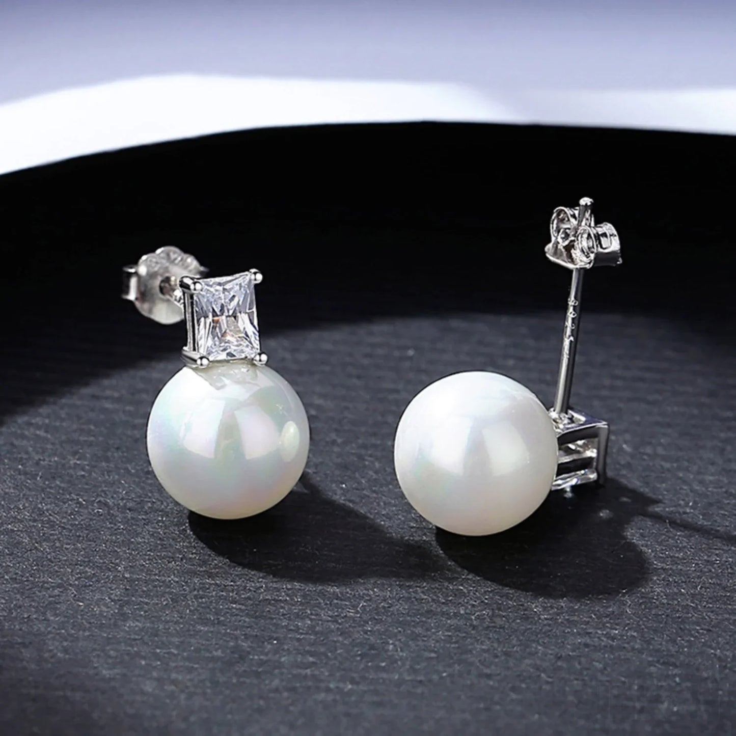 Round Sterling Silver CZ Pearl Stud Earrings Alyssa - Sassygrove