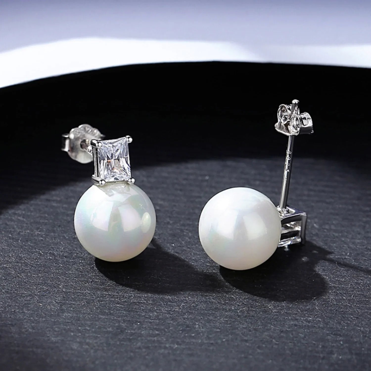 Round Sterling Silver CZ Pearl Stud Earrings Alyssa - Sassygrove