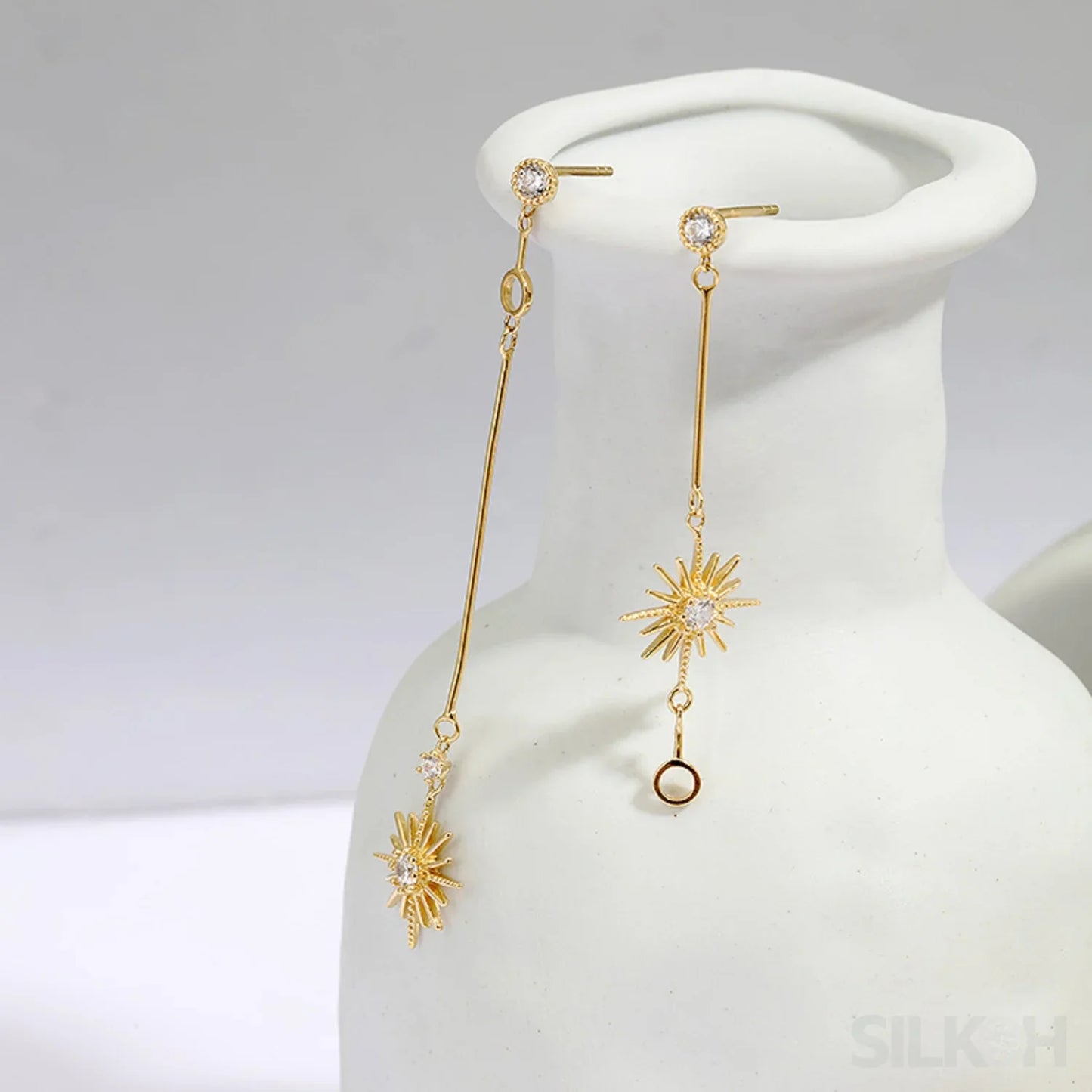 Star Shaped 14K Gold Plated Sterling Silver Long Stud Earrings Aurora - Sassygrove