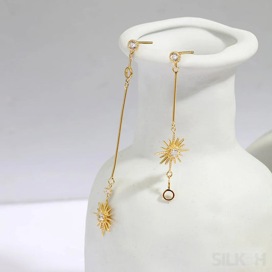 Star Shaped 14K Gold Plated Sterling Silver Long Stud Earrings Aurora - Sassygrove