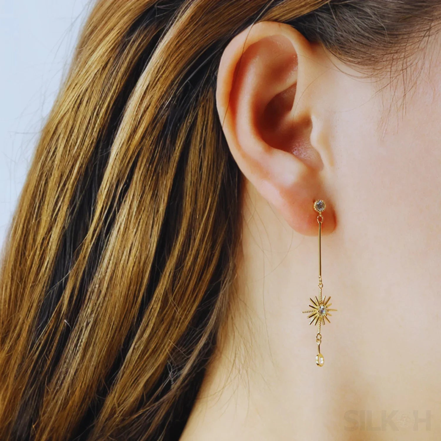 Star Shaped 14K Gold Plated Sterling Silver Long Stud Earrings Aurora - Sassygrove
