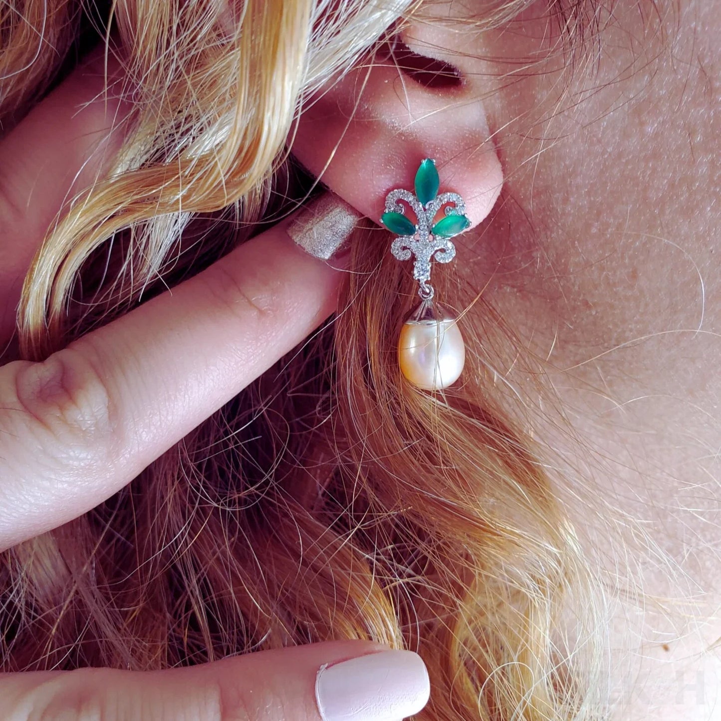 Sterling Silver Pearl Drop Emerald Leaf Earring Athena - Sassygrove