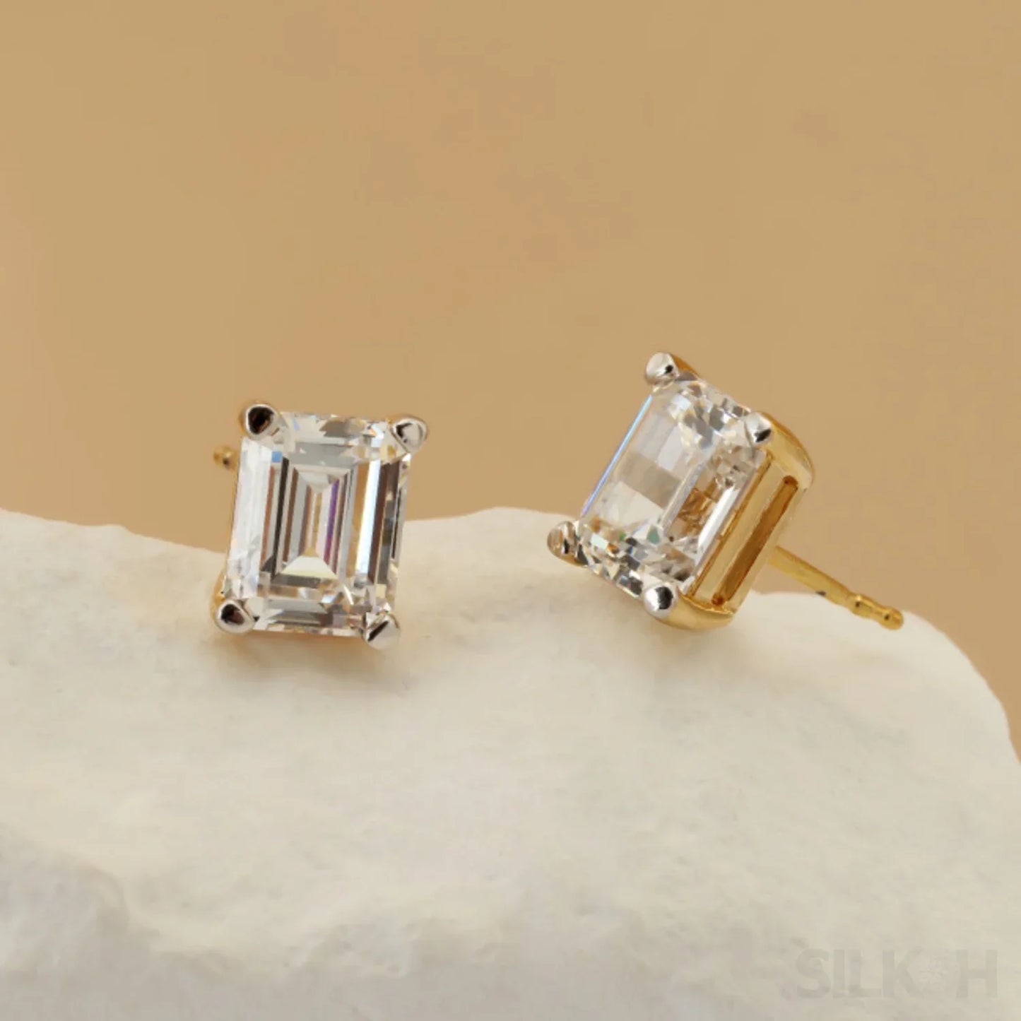 Zircon 18K Gold Plated Sterling Silver Emerald Cut Earrings Roe - Sassygrove