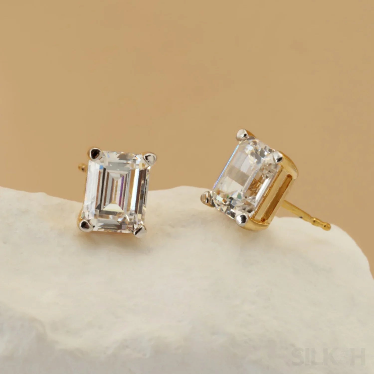 Zircon 18K Gold Plated Sterling Silver Emerald Cut Earrings Roe - Sassygrove