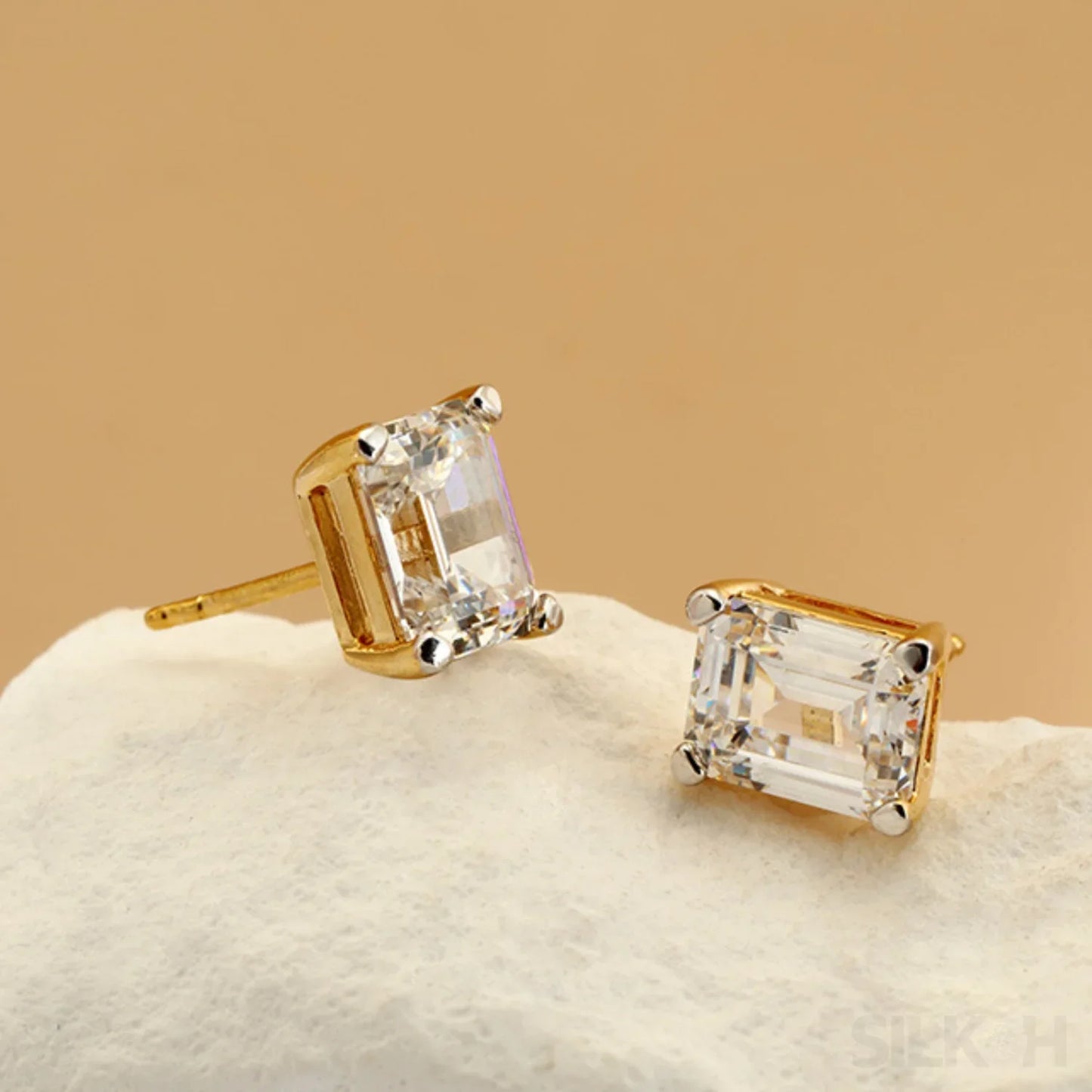 Zircon 18K Gold Plated Sterling Silver Emerald Cut Earrings Roe - Sassygrove