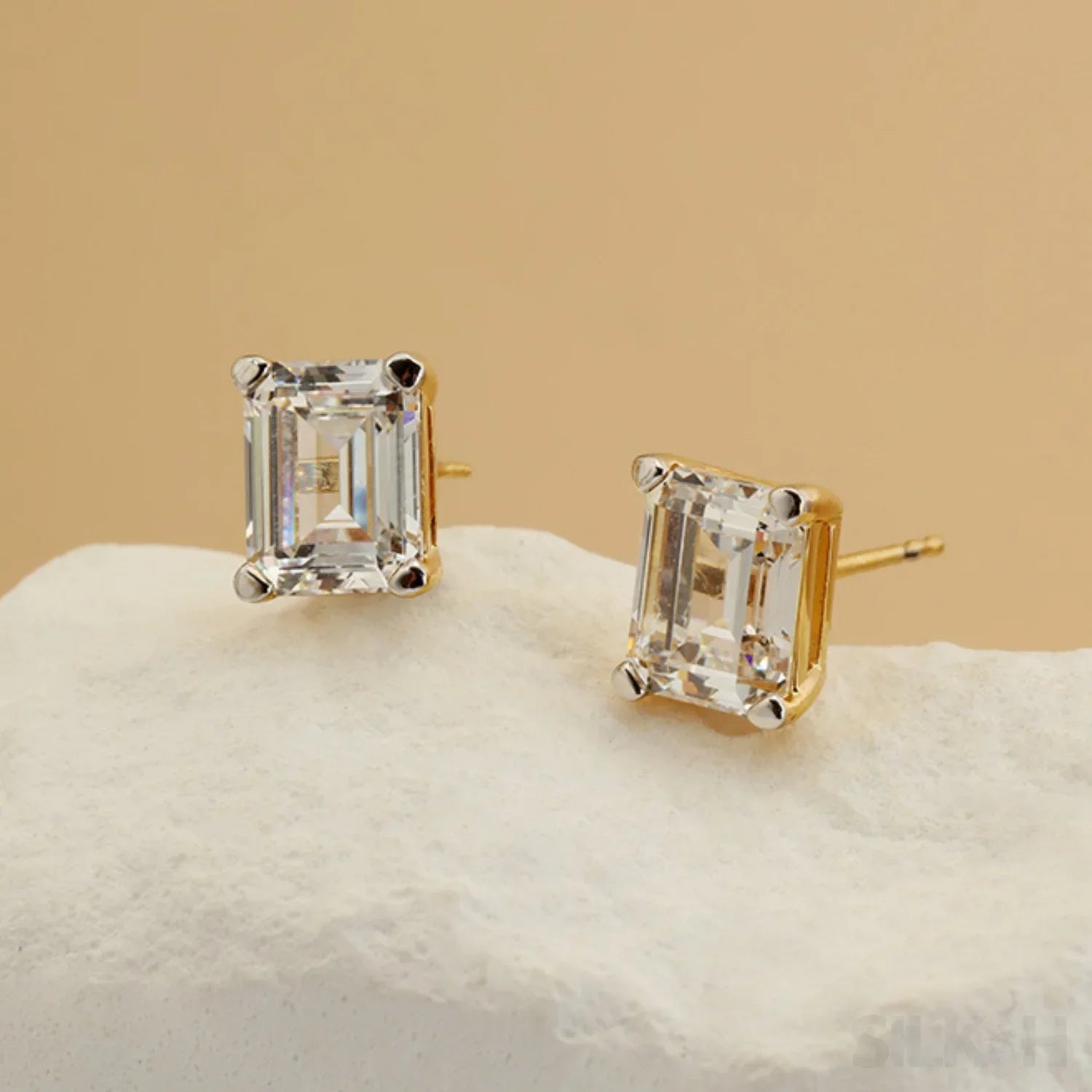Zircon 18K Gold Plated Sterling Silver Emerald Cut Earrings Roe - Sassygrove
