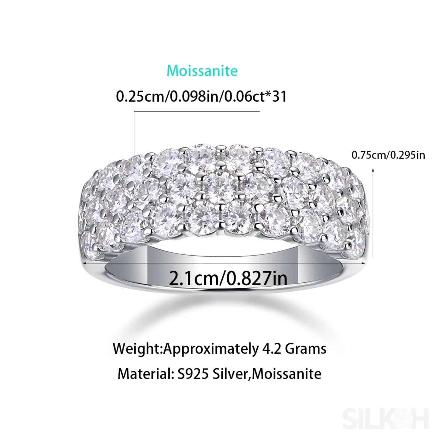 1.8 Carat Moissanite Sterling Silver Pave Triple Row Ring Amaya