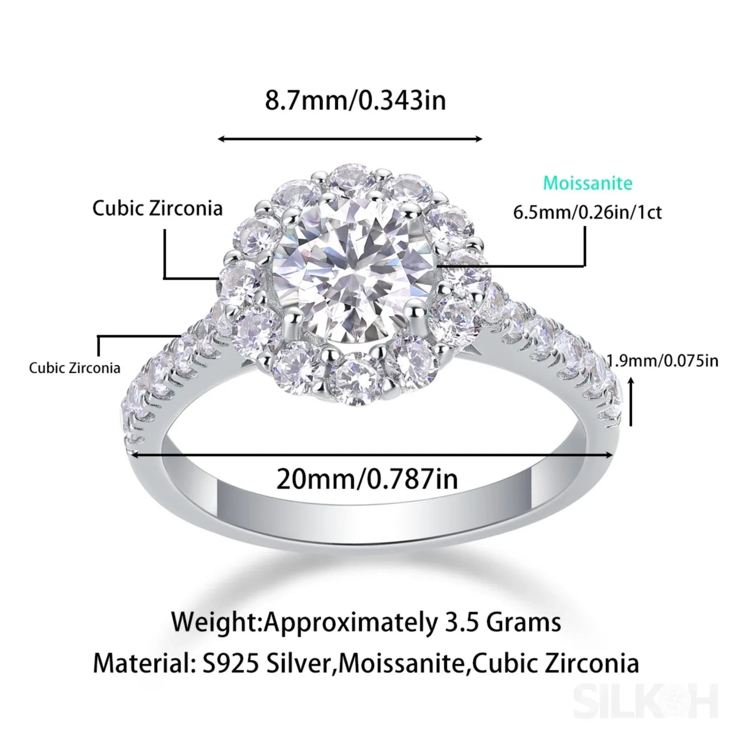 1 Ct Moissanite Sterling Silver Round Cut Halo Engagment Ring Ariella