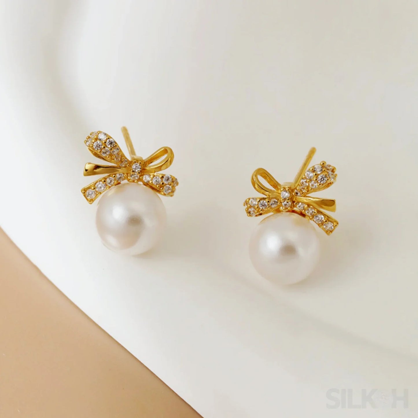 18K Gold Plated Sterling Silver Pearl Bow Earrings Pat