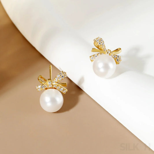 18K Gold Plated Sterling Silver Pearl Bow Earrings Pat