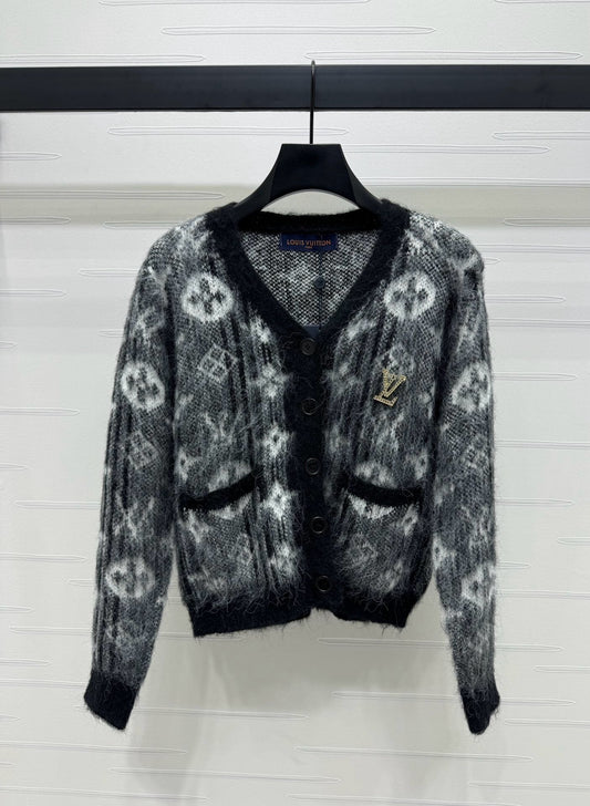 Monogram Fuzzy Knit Cardigan - Sassygrove