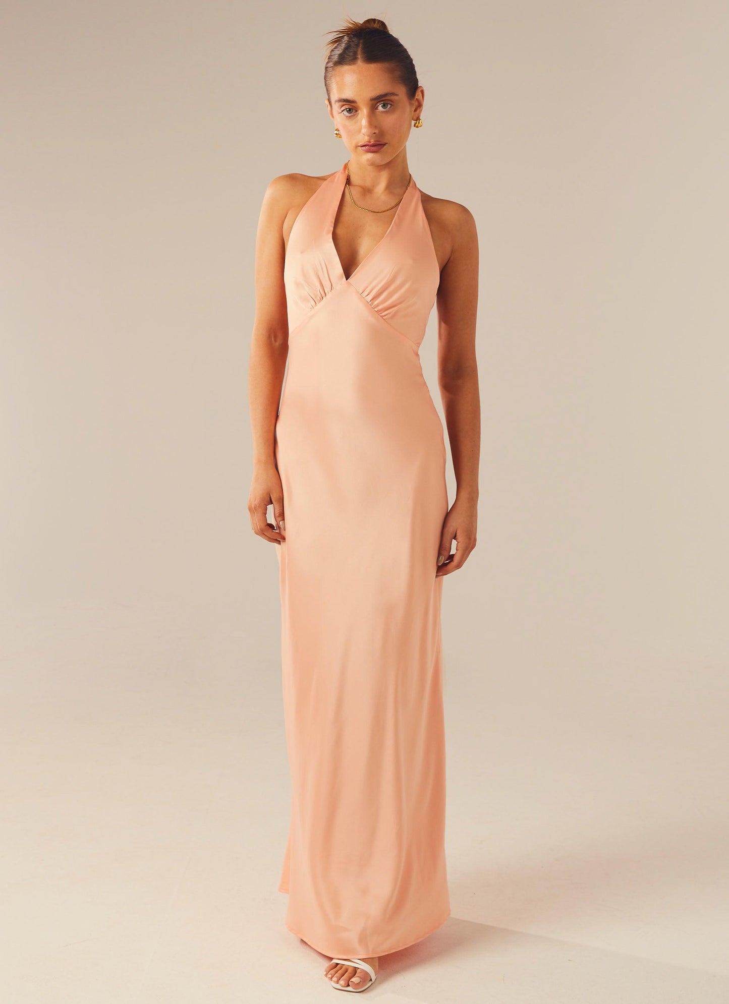 Heavy Hearted Satin Maxi Dress - Peach - Sassygrove