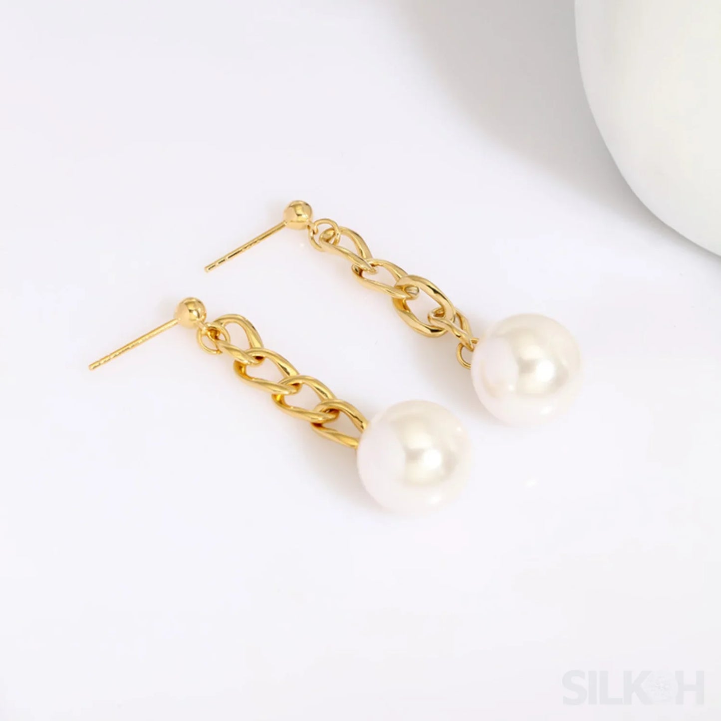 Chain Links 14K Gold Plated Sterling Silver Pearl Dangle Earrings Luz