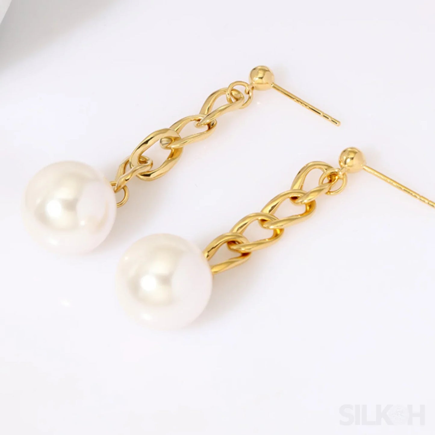 Chain Links 14K Gold Plated Sterling Silver Pearl Dangle Earrings Luz