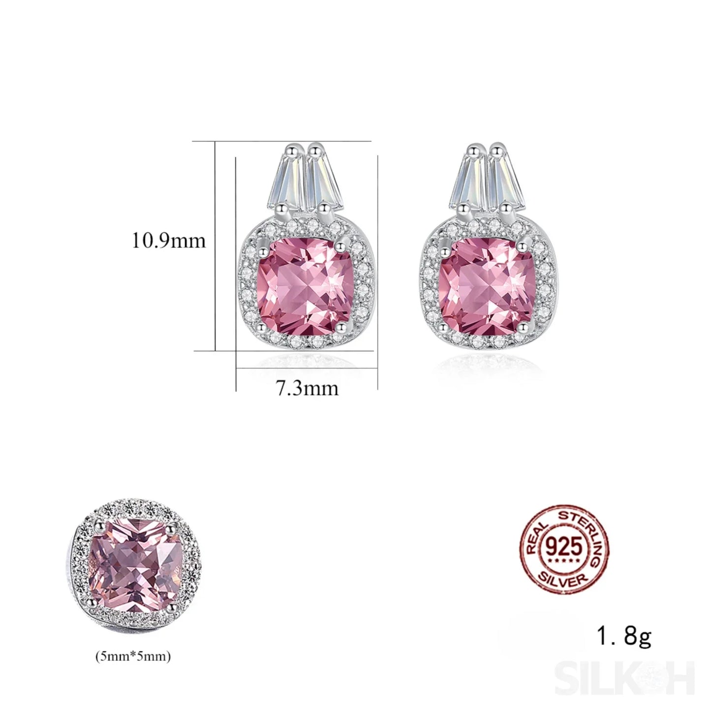 Cushion Cut Sterling Silver Pink Morganite Studs Earrings Allison