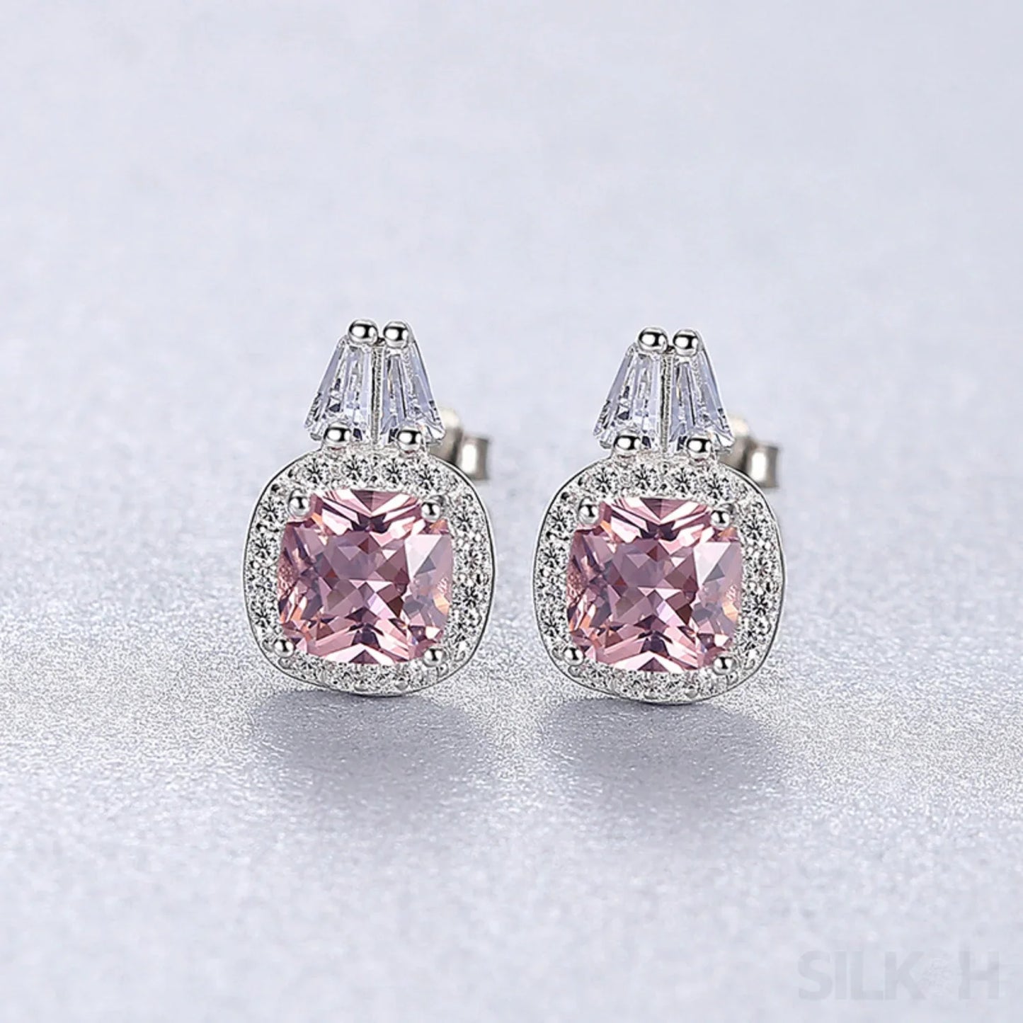 Cushion Cut Sterling Silver Pink Morganite Studs Earrings Allison