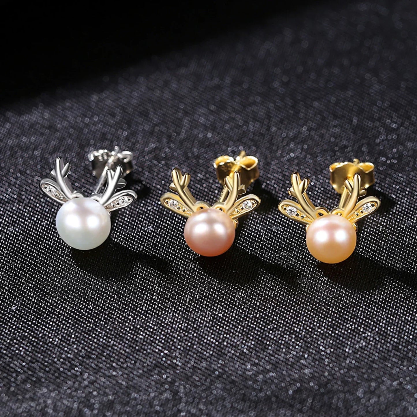 Cute Deer Sterling Silver Natural Pearl Stud Earrings Cam