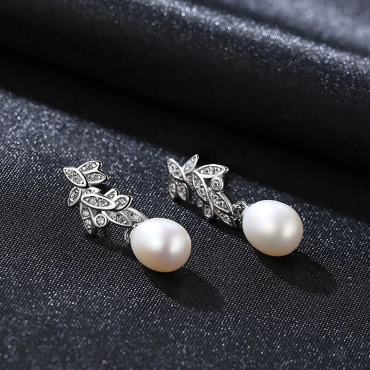 CZ Leaves Sterling Silver Pearl Dangling Earrings Cal