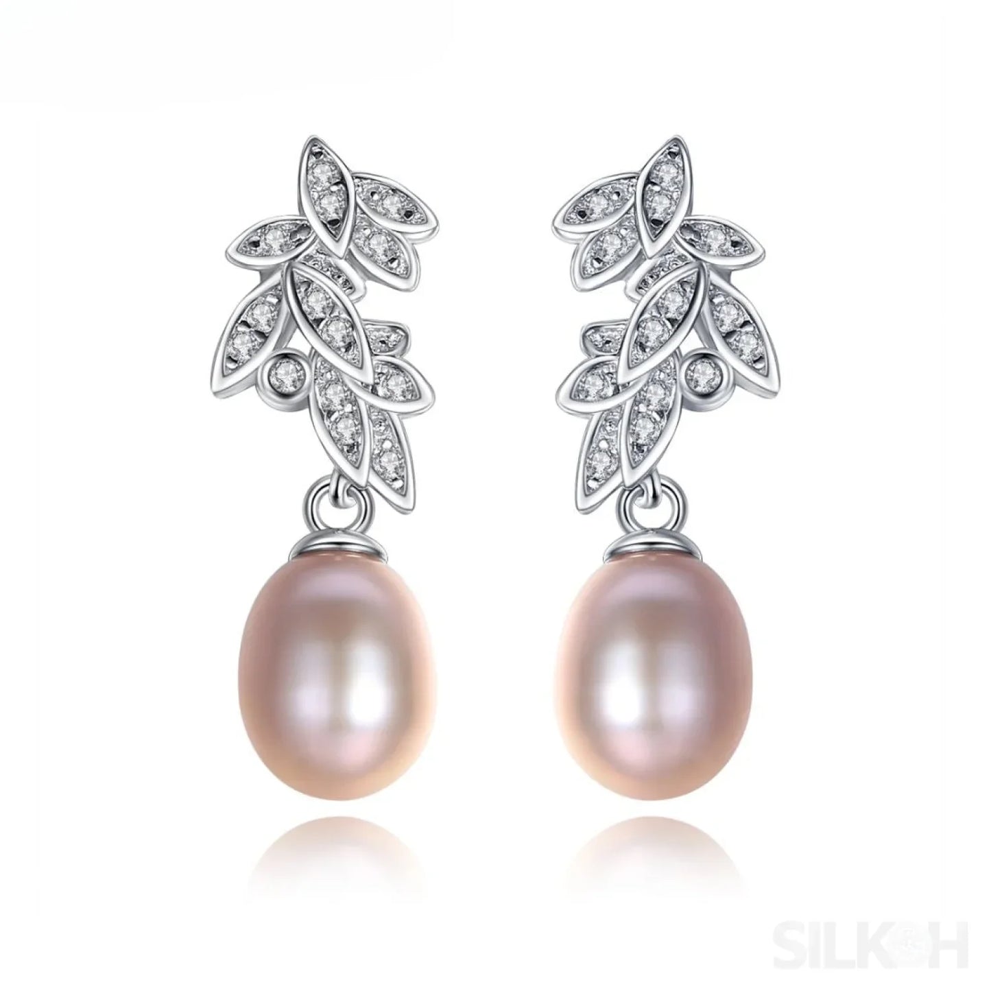 CZ Leaves Sterling Silver Pearl Dangling Earrings Cal