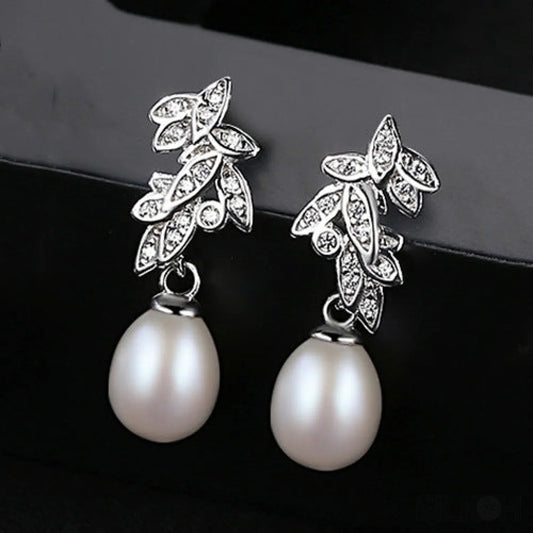 CZ Leaves Sterling Silver Pearl Dangling Earrings Cal