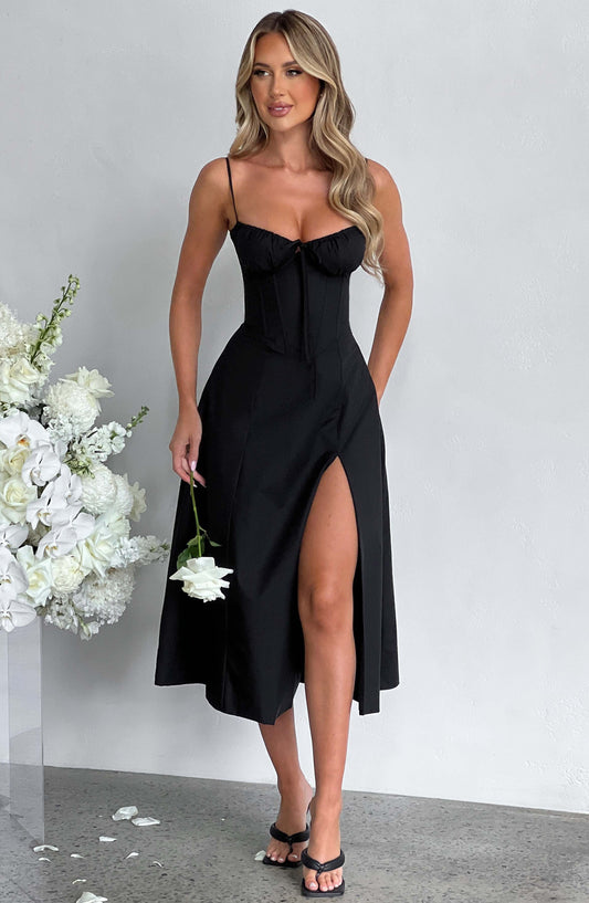 Delilah Midi Dress - Black - Sassygrove