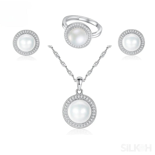 Halo Sterling Silver Natural Pearl wedding Jewelry Set Ann