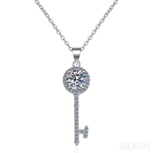 Key Shaped 925 Sterling Silver Moissanite Necklace Cat